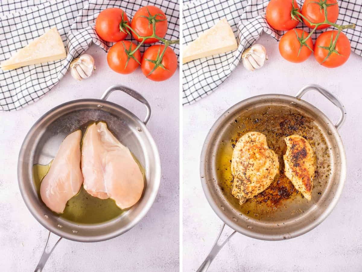 Chicken breasts in a sauce pan uncooked and then cooked.