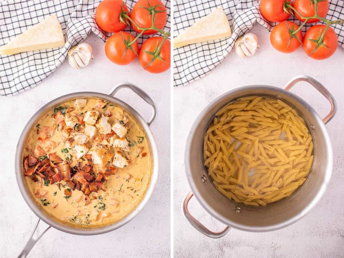 Chicken pasta sauce in a pot and the cooked pasta in another pot.