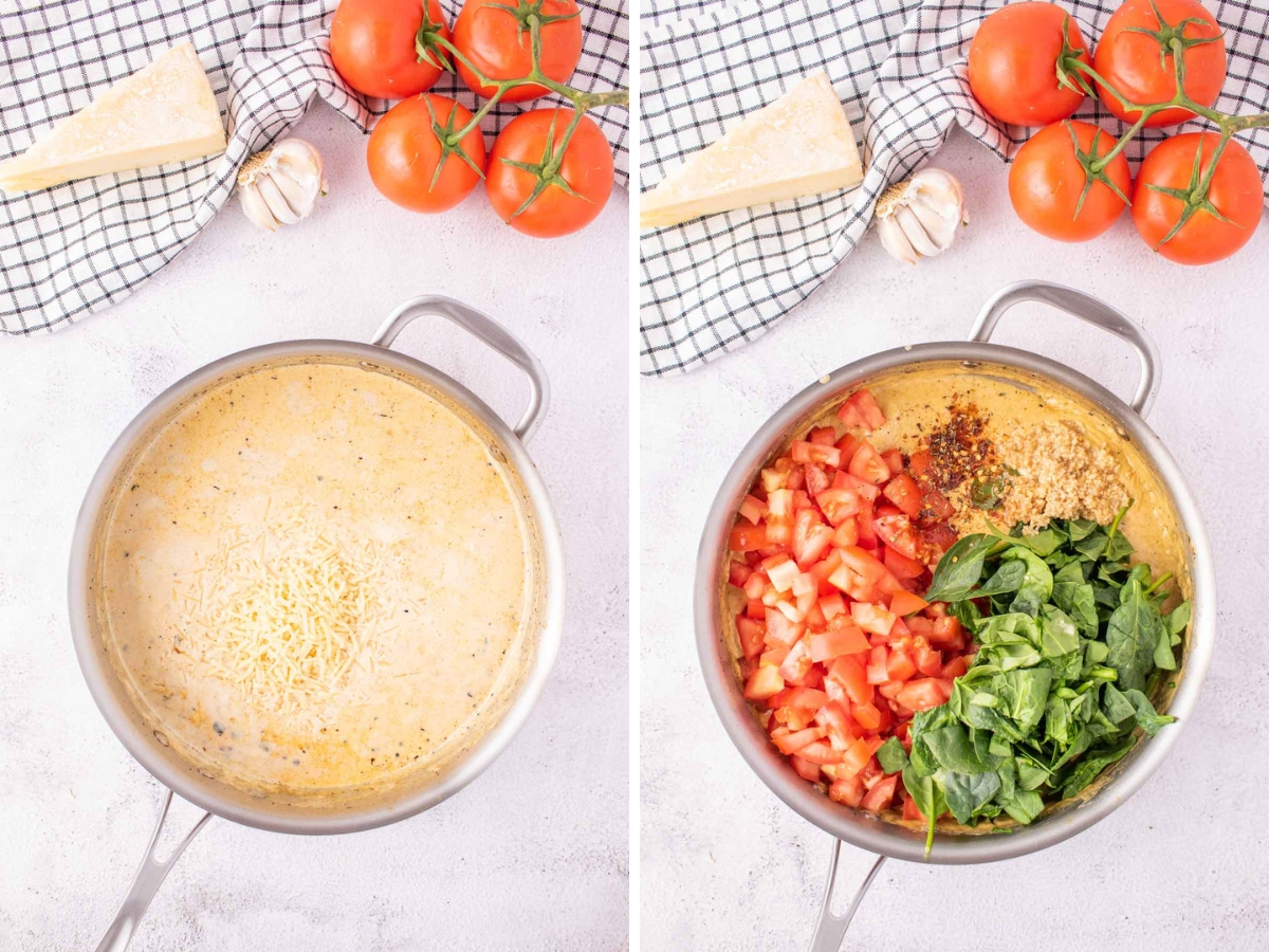 The cream sauce in a pot, then add in spinach, spices, and tomatoes.