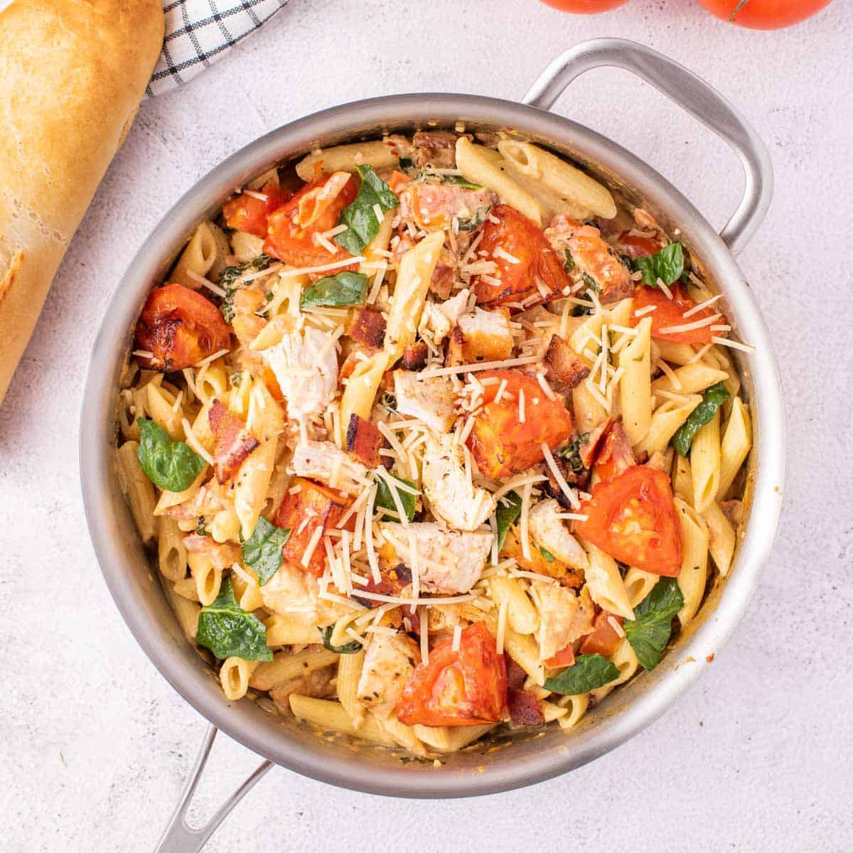 Chicken and Bacon Pasta with Spinach and Tomatoes