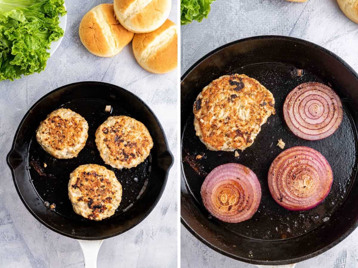 Collage images, one with three burgers in the frying pan and the other with one burger and three onion steaks.
