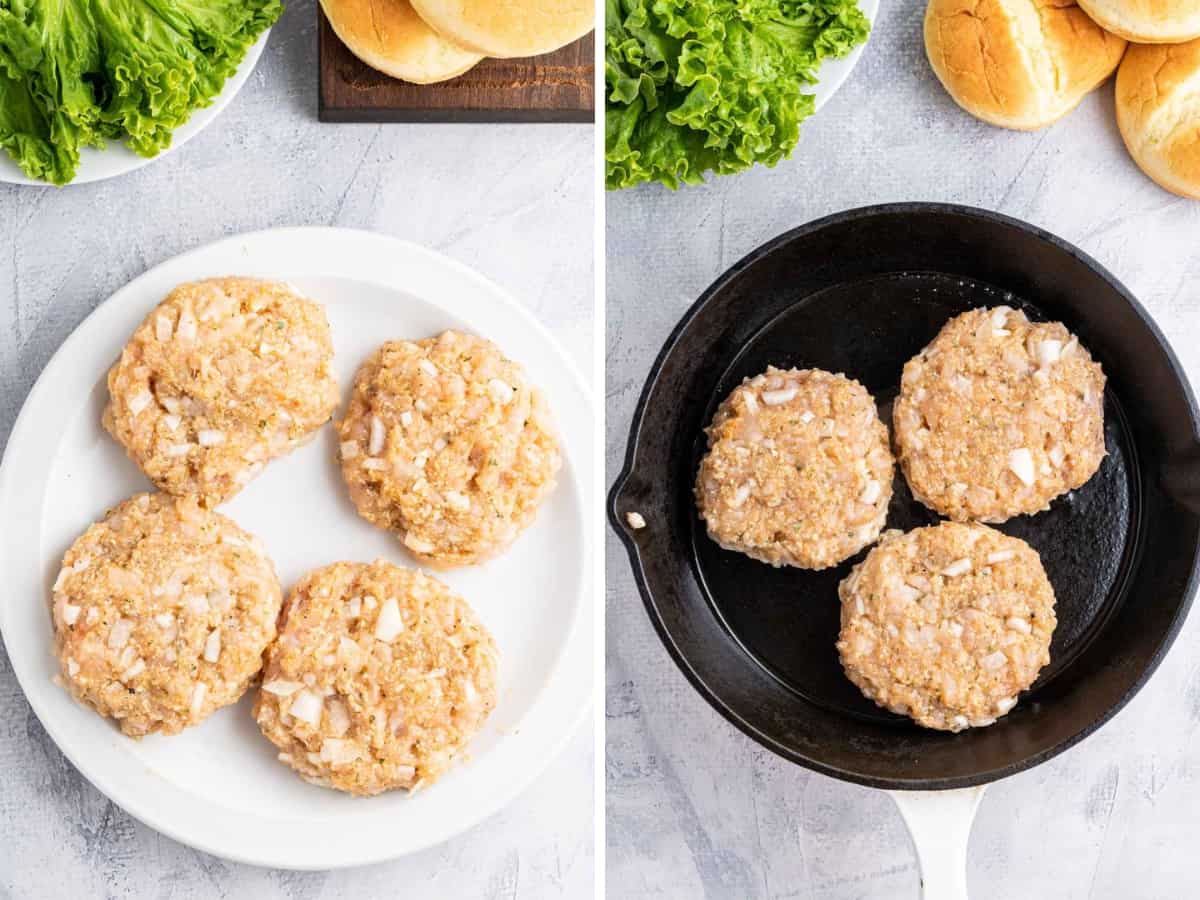 Collage images with chicken burger patties on a white plate and then the burgers placed in a frying pan.