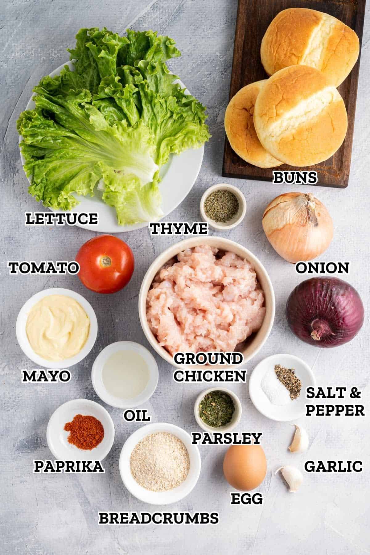 A labeled image of ingredients needed for chicken burgers.