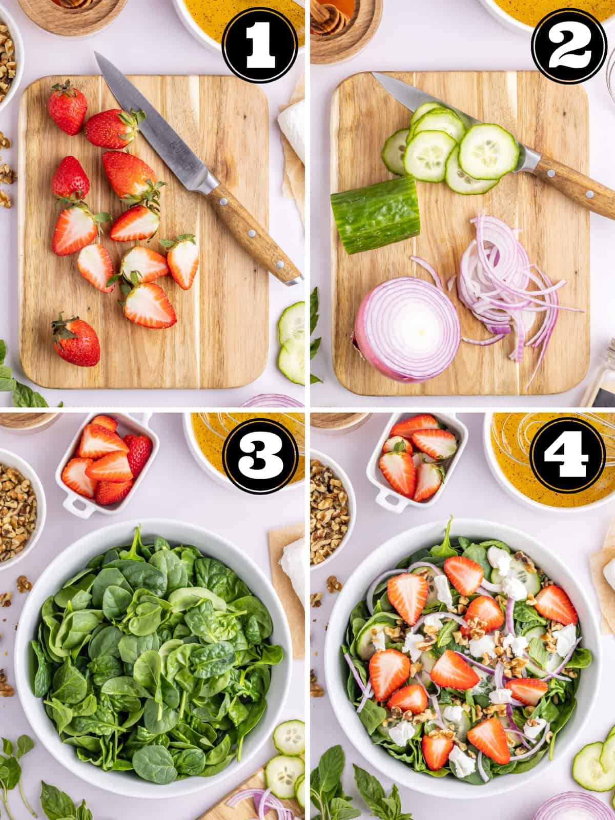 A collage of images showing how to make cut strawberries and veggies and then add salad to a large bowl.