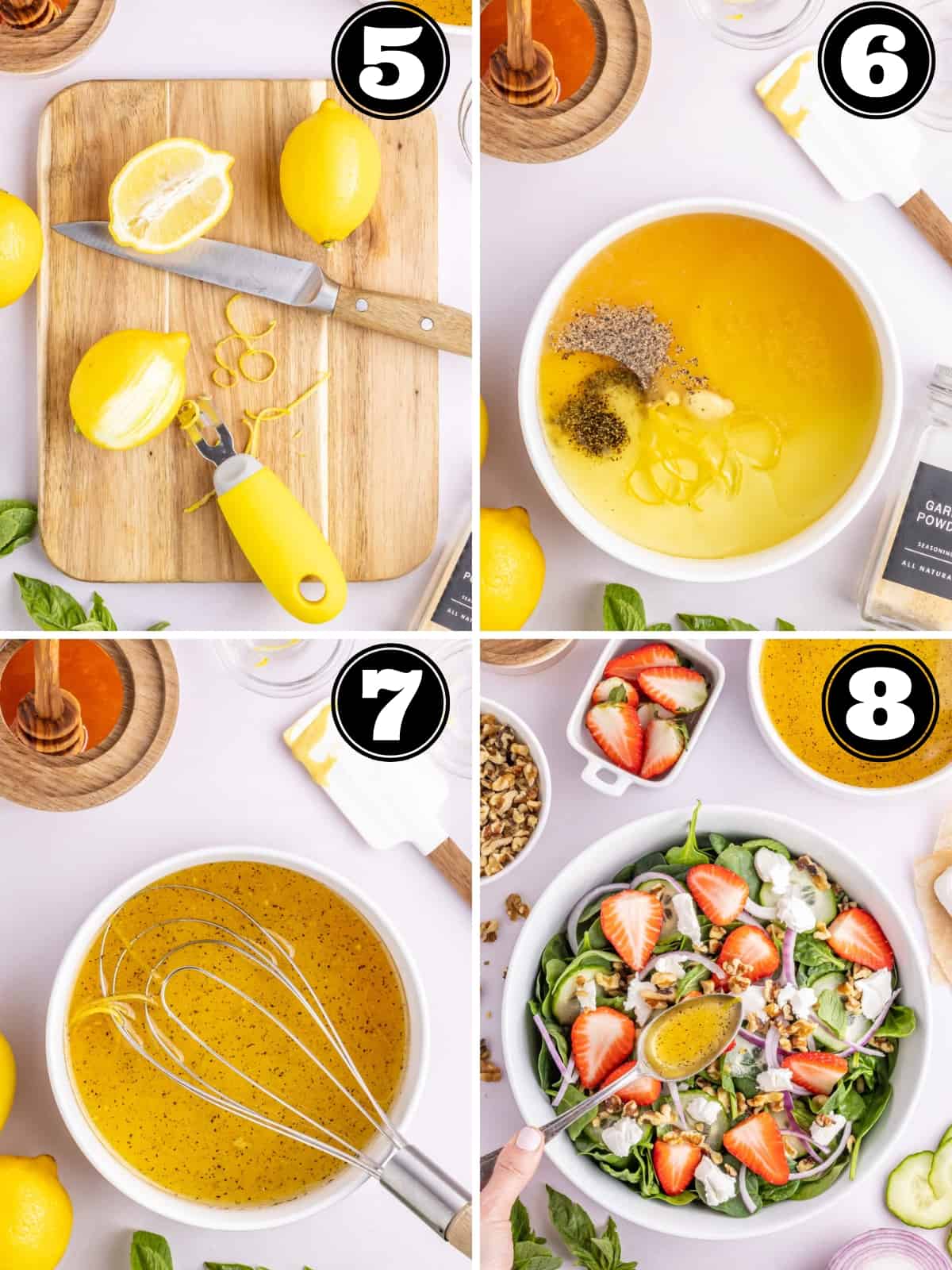 A collage of images showing how to make lemon vinaigrette and dressing the salad.