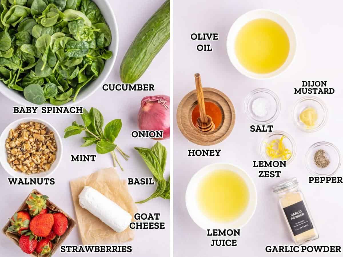 A labeled image of ingredients needed to make a strawberry spinach salad with lemon vinaigrette.