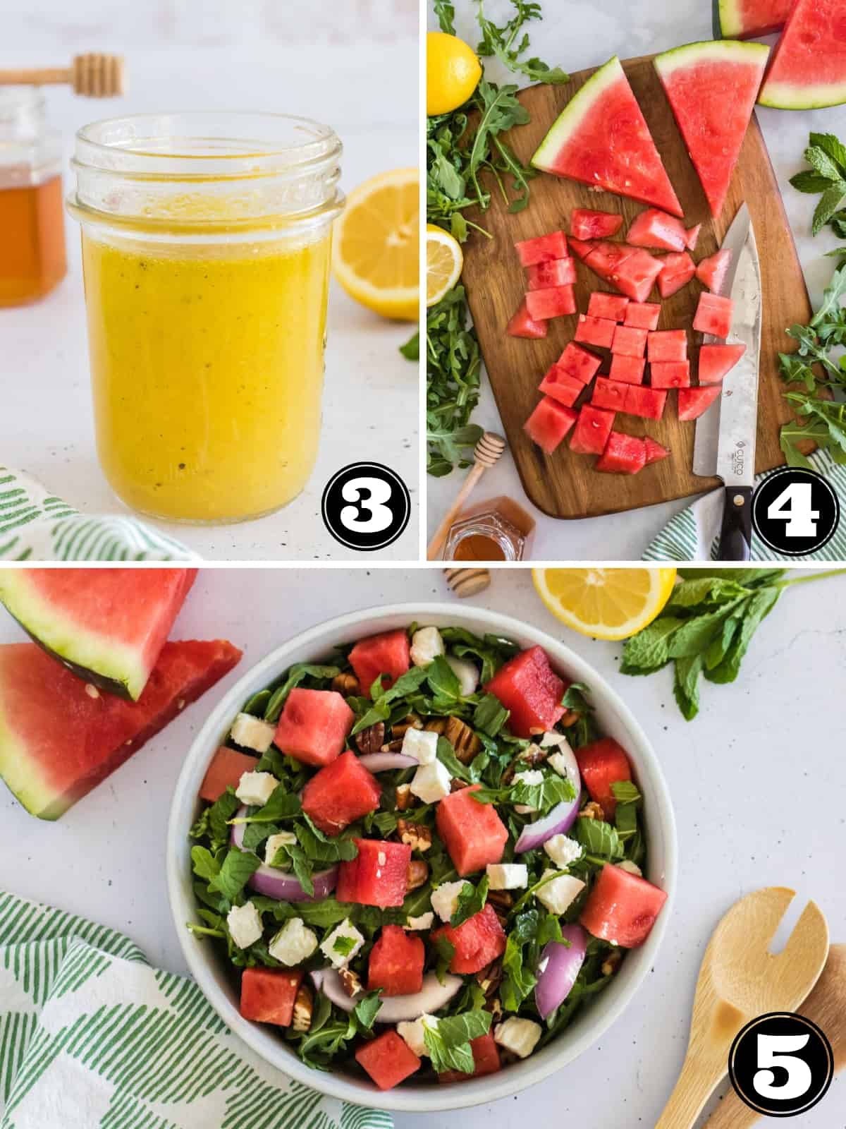 Collage image showing a jar of lemon salad dressing, watermelon being cut on a board, and a bowl of salad.