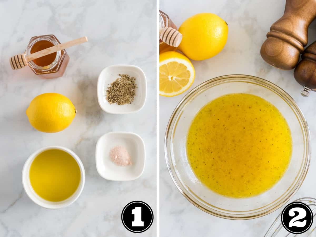 Collage image showing ingredients for the lemon dressing and the dressing in a glass bowl mixed together.