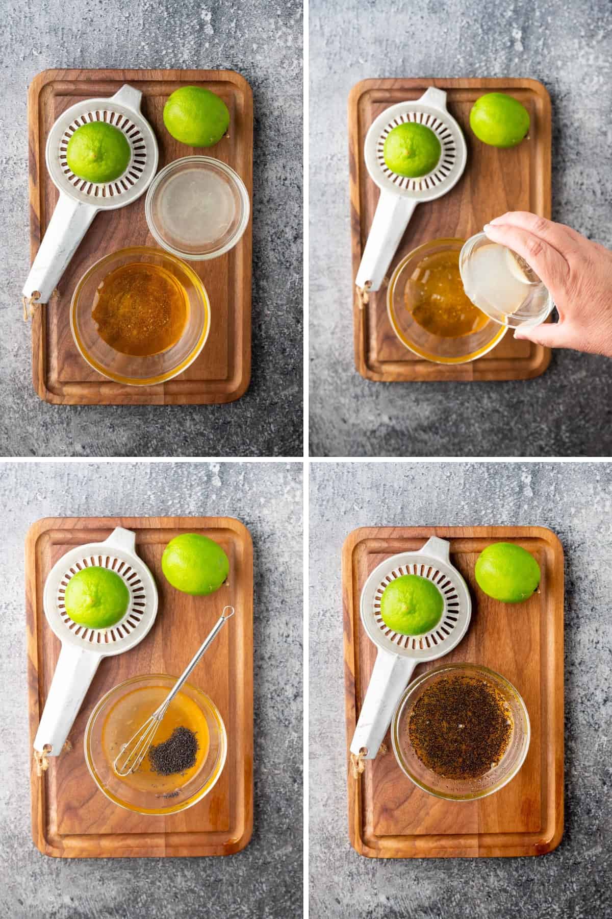 Collage images showing steps to make honey lime poppy seed dressing.