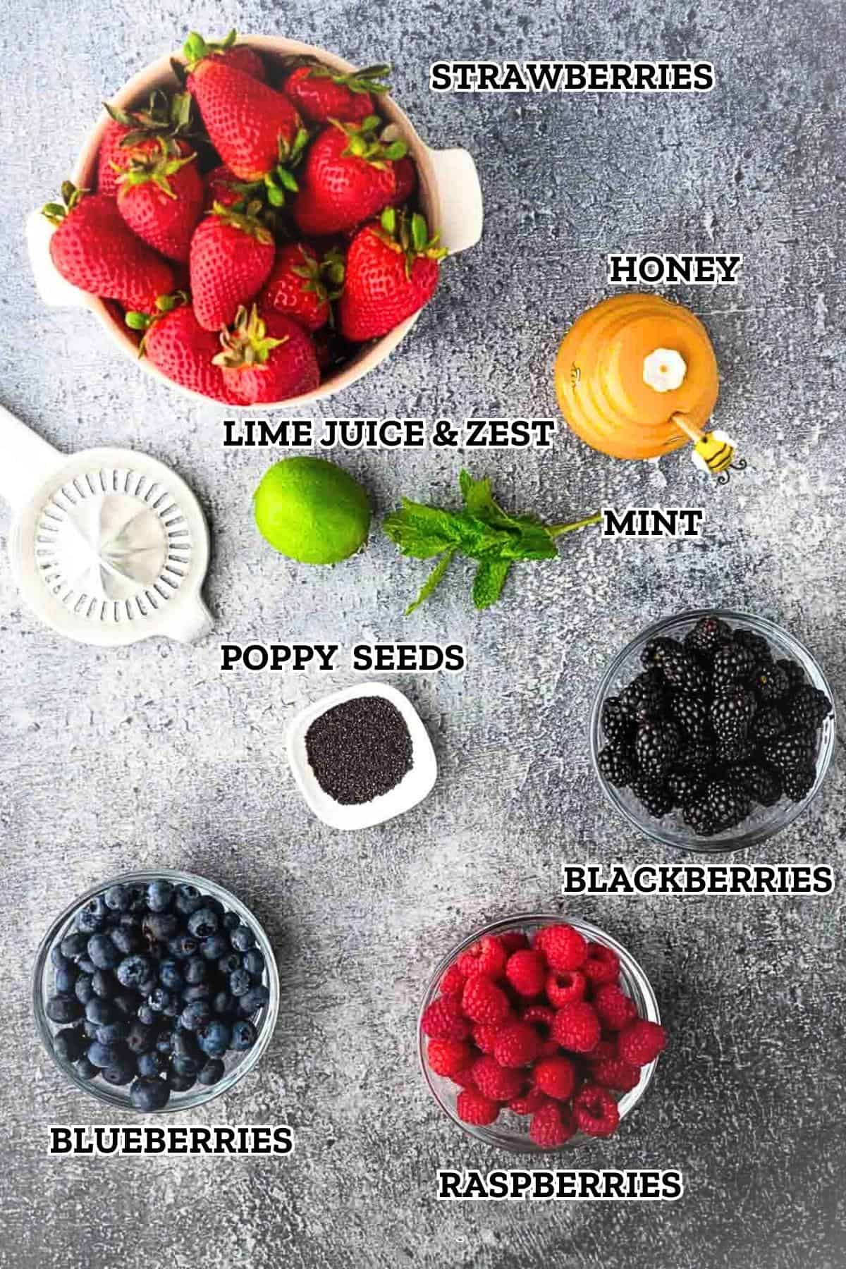 A labeled image of ingredients needed to make Berry Fruit Salad.