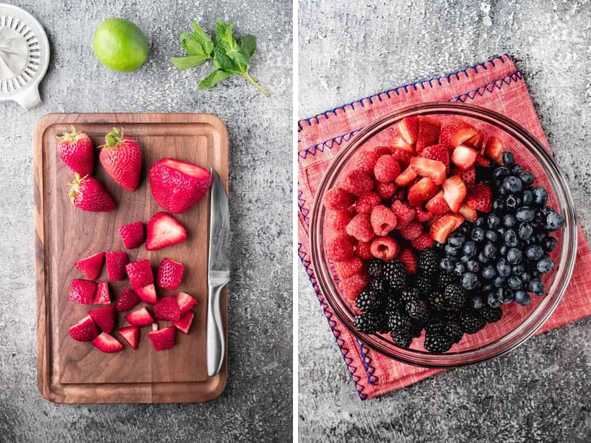 Collage image showing strawberries being sliced and the berries in a glass bowl.