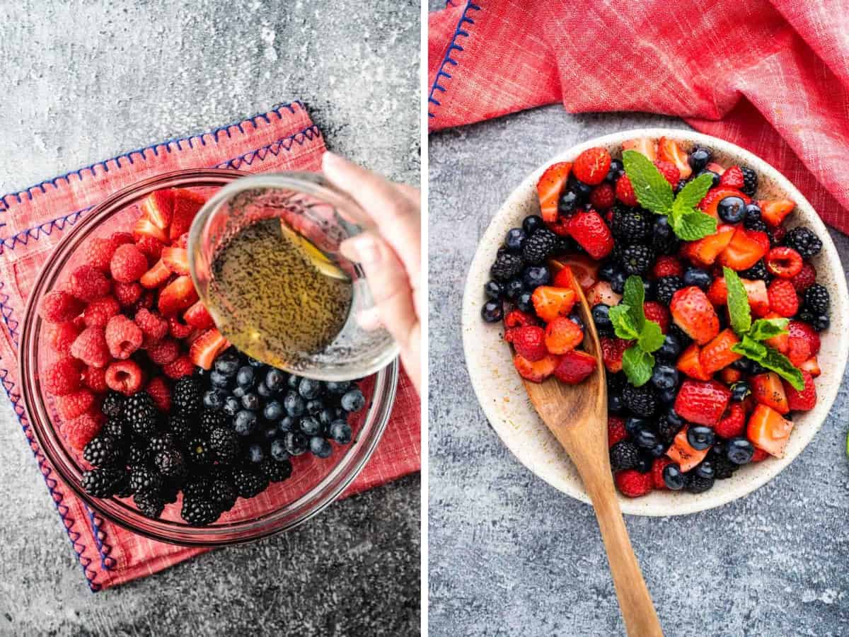 Collage image showing dressing poured over fruit and then in a bowl mixed together.