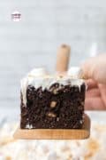 A close-up of a s'mores cake, showcasing the layers of chocolate cake, graham crackers, and marshmallows, topped with a smooth and creamy marshmallow frosting.