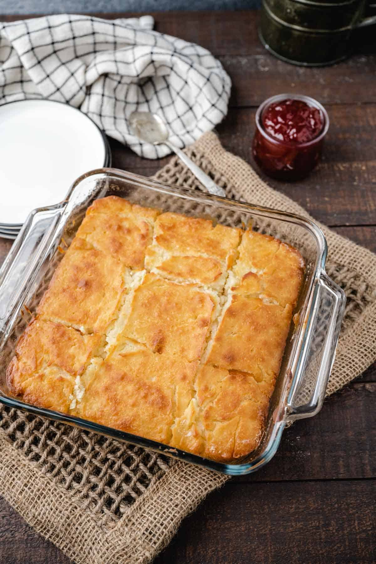 A pan of freshly baked butter swim biscuits.