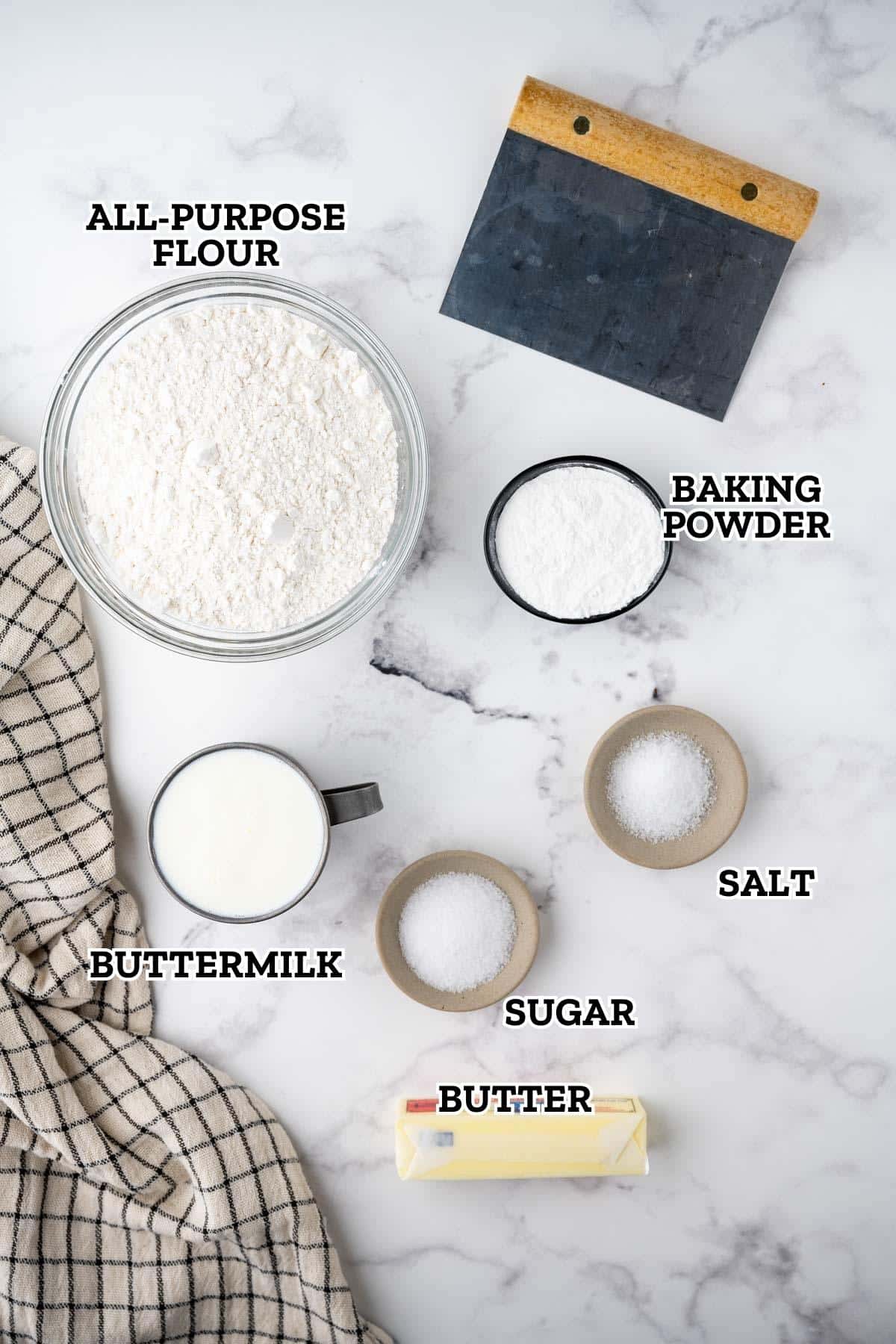 A labeled image of ingredients needed for butter swim biscuits.