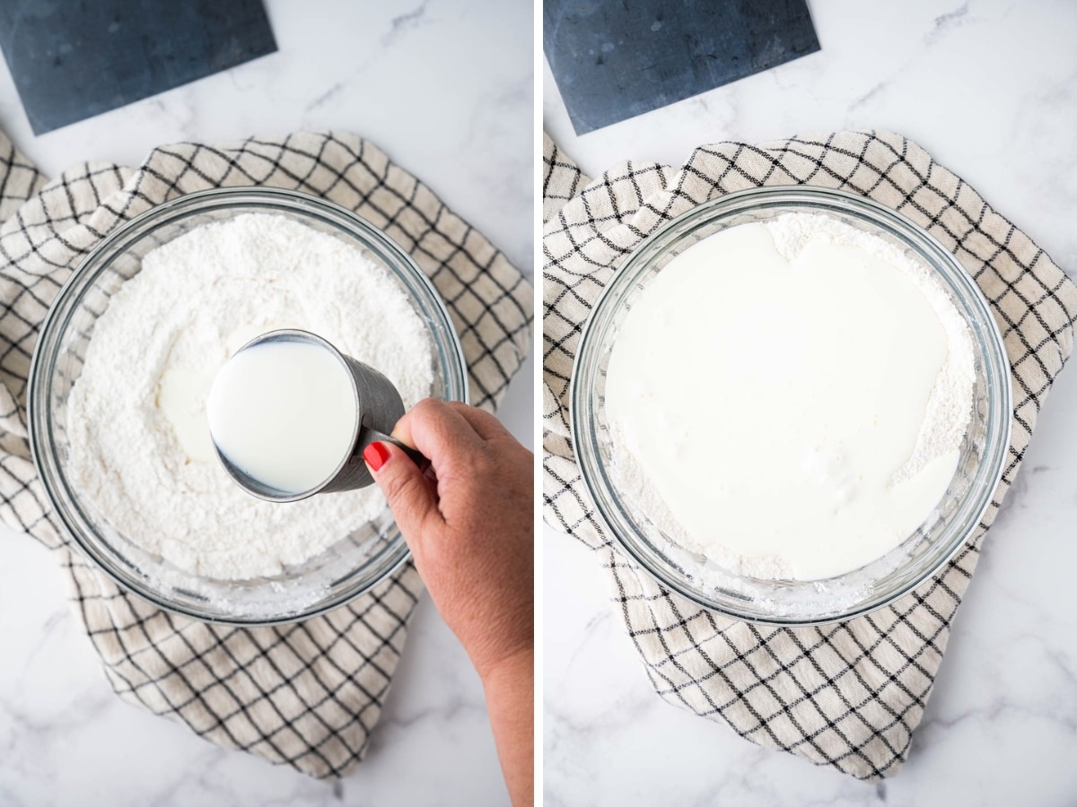 A collage image shows buttermilk poured into dry ingredients and then it sitting on top of the flour mixture.