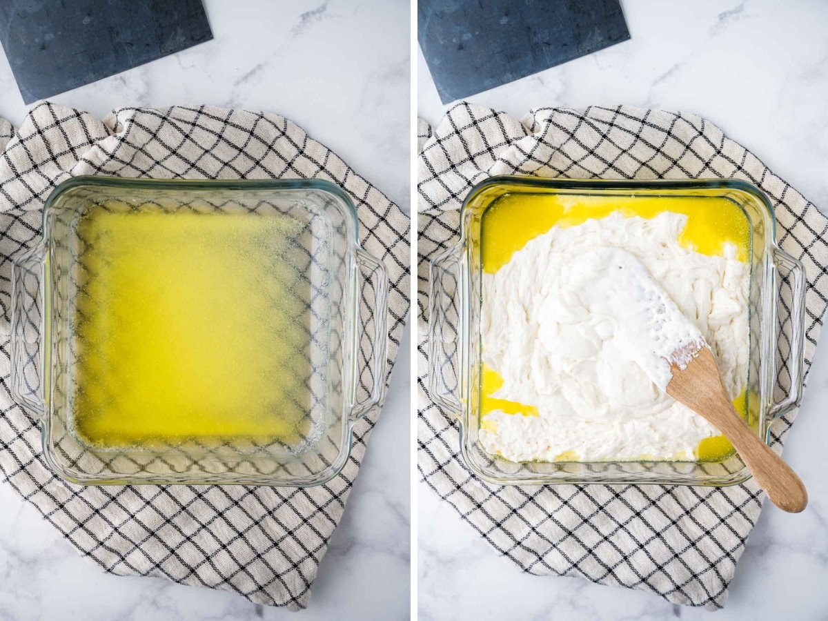 A collage image shows butte melted in the baking dish and then the biscuit dough being smoothed out in the pan.