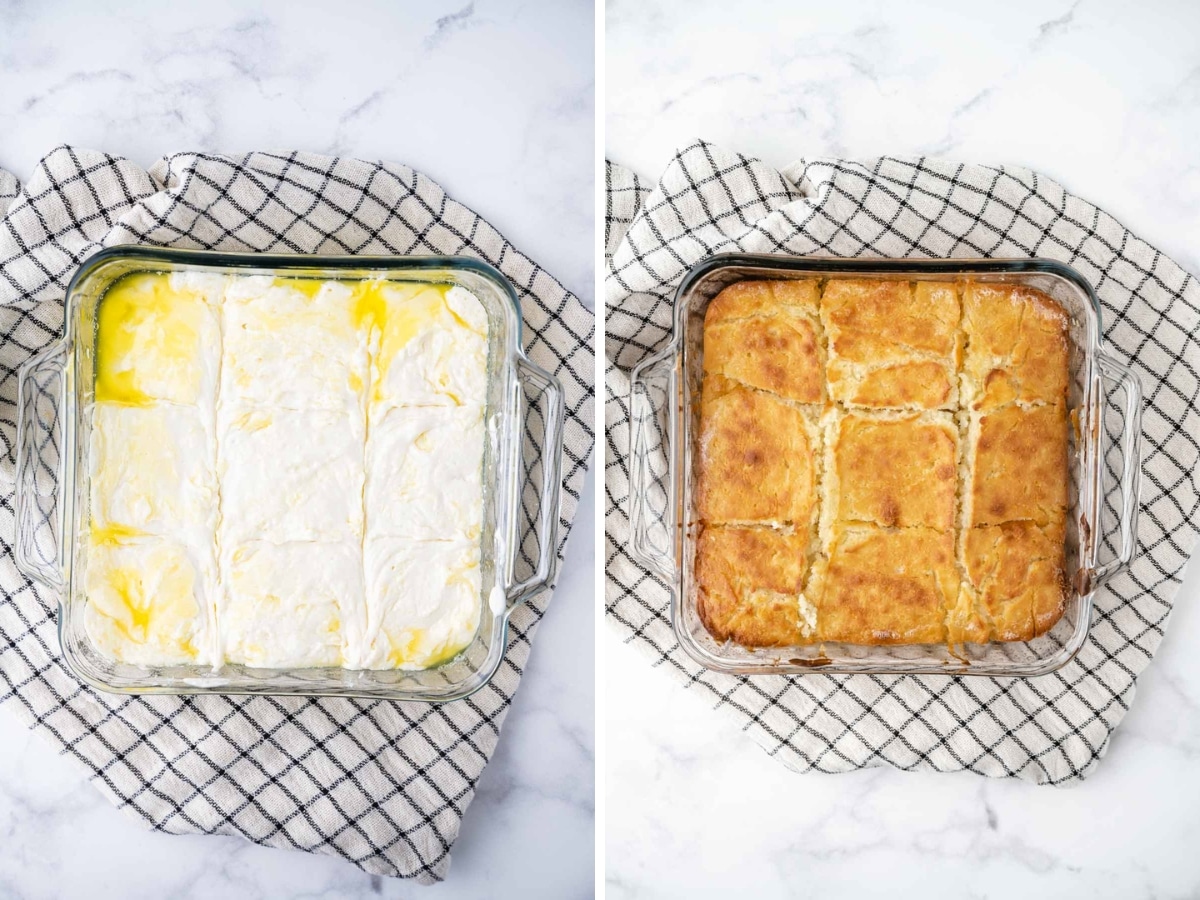 A collage image showing biscuit dough after being cut and then after they butter dip biscuits have been baked.