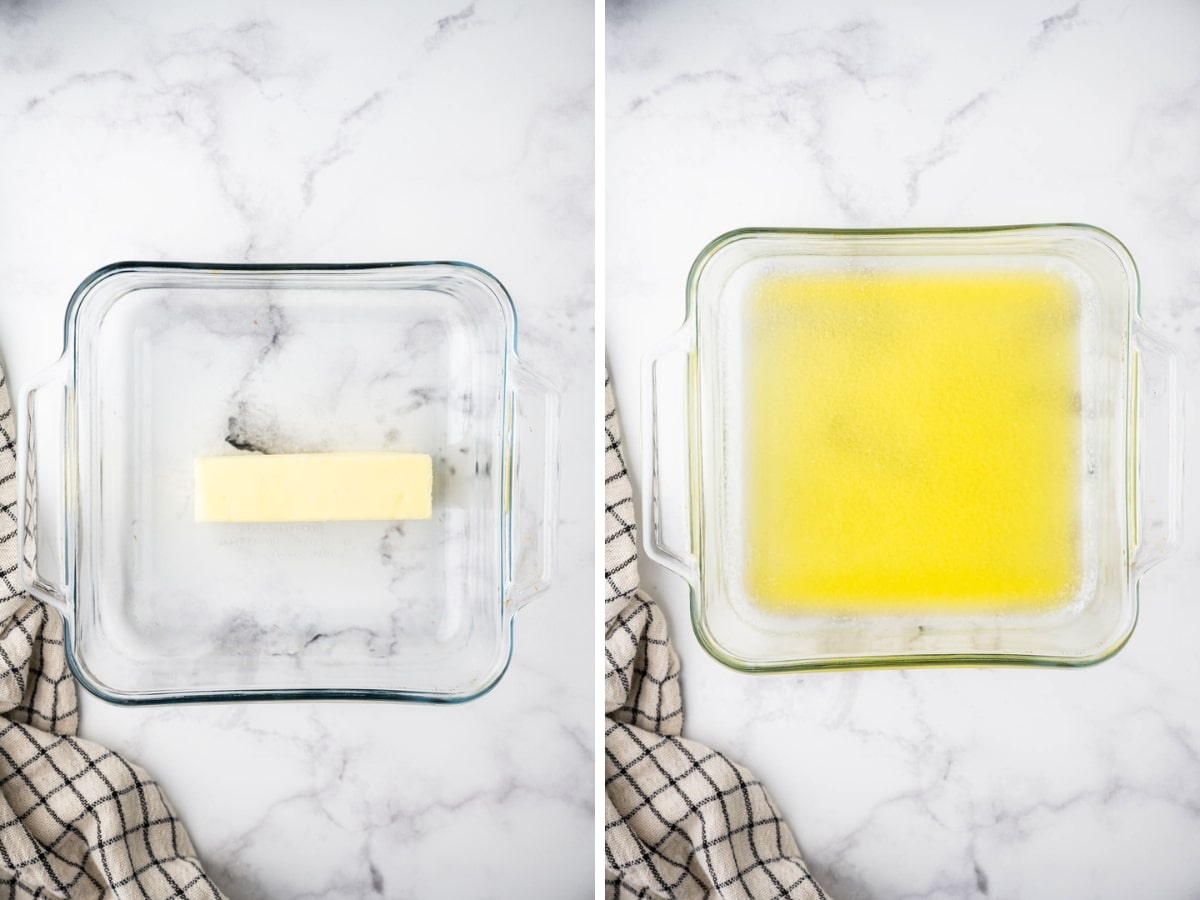 A collage image shows a stick of butter in a baking dish and then after the butter is melted.