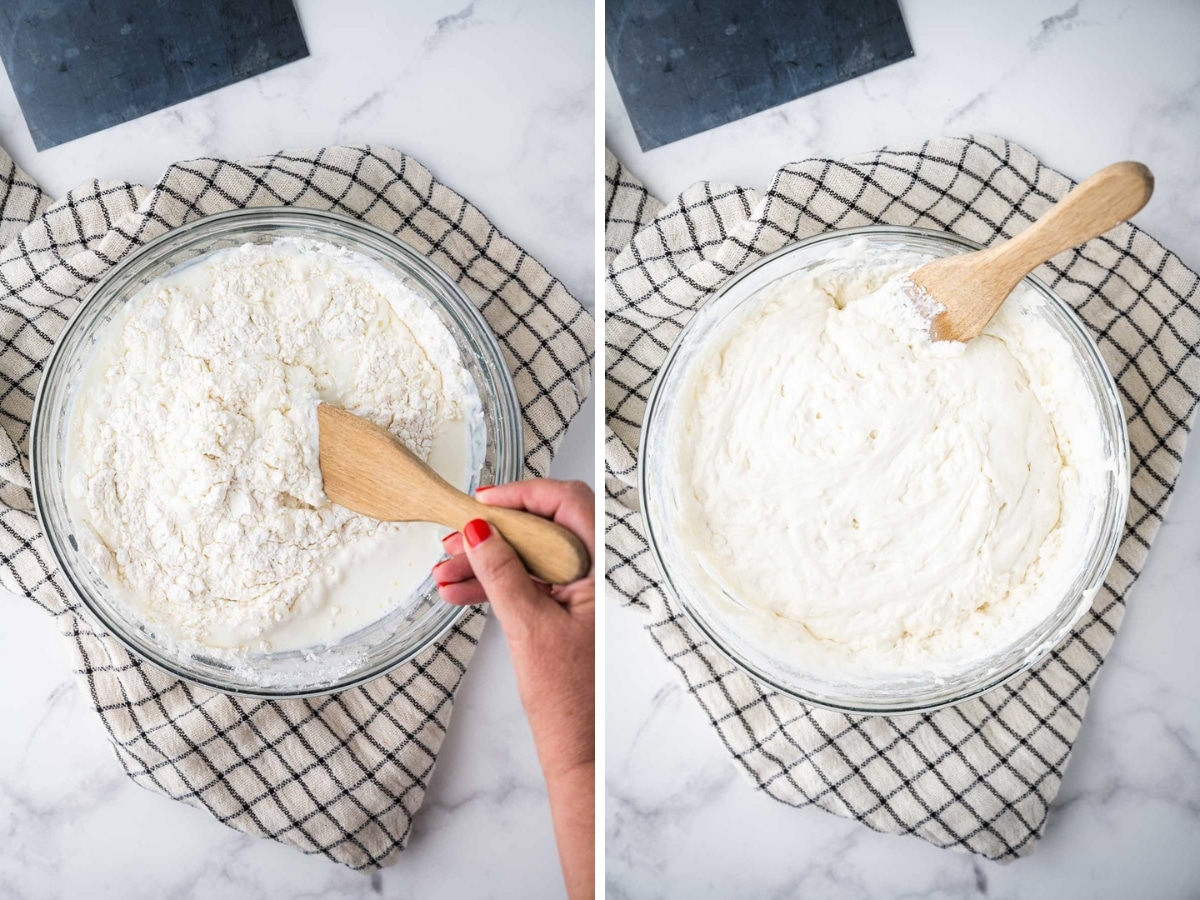 A collage image shows wet and dry ingredients being mixed together.