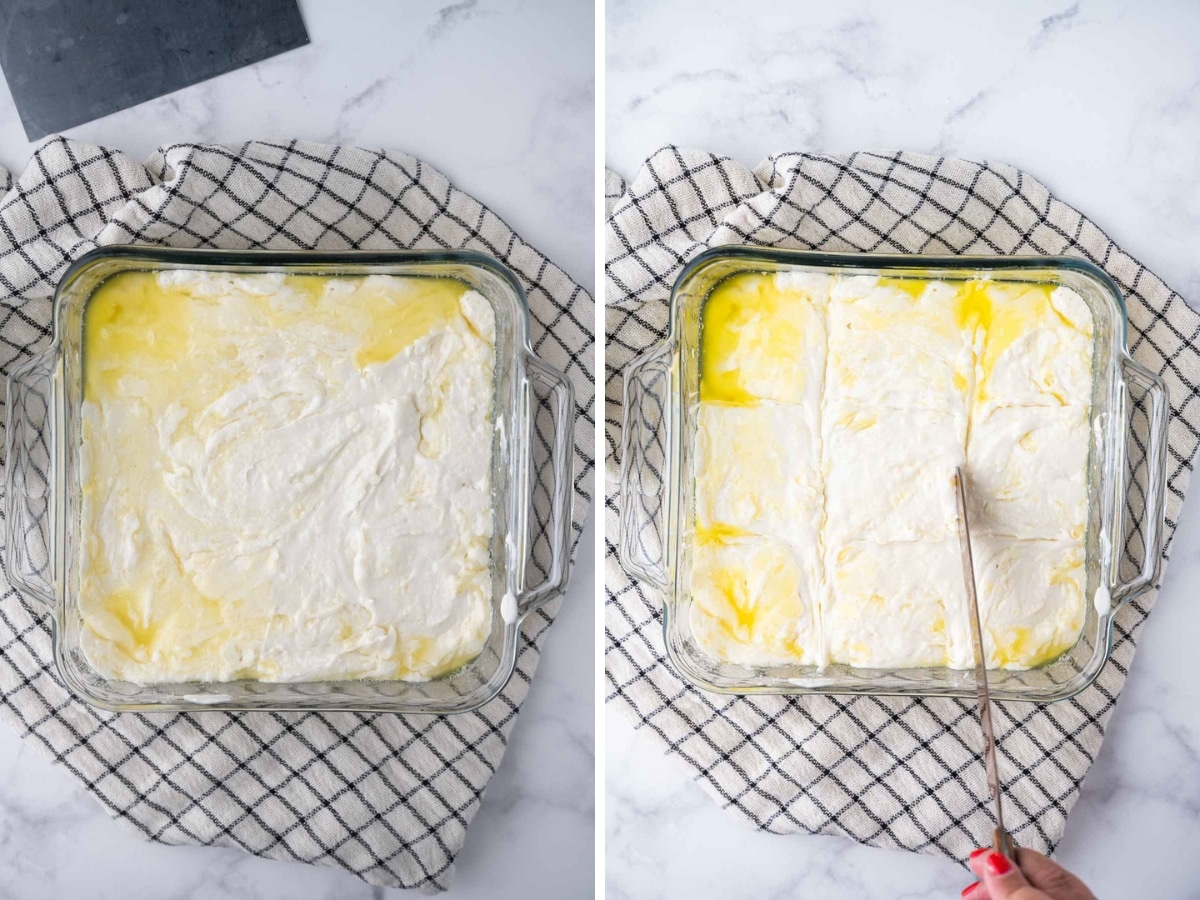 A collage image shows biscuit dough smoothed out in the pan and then being cut with a knife into 9 squares.