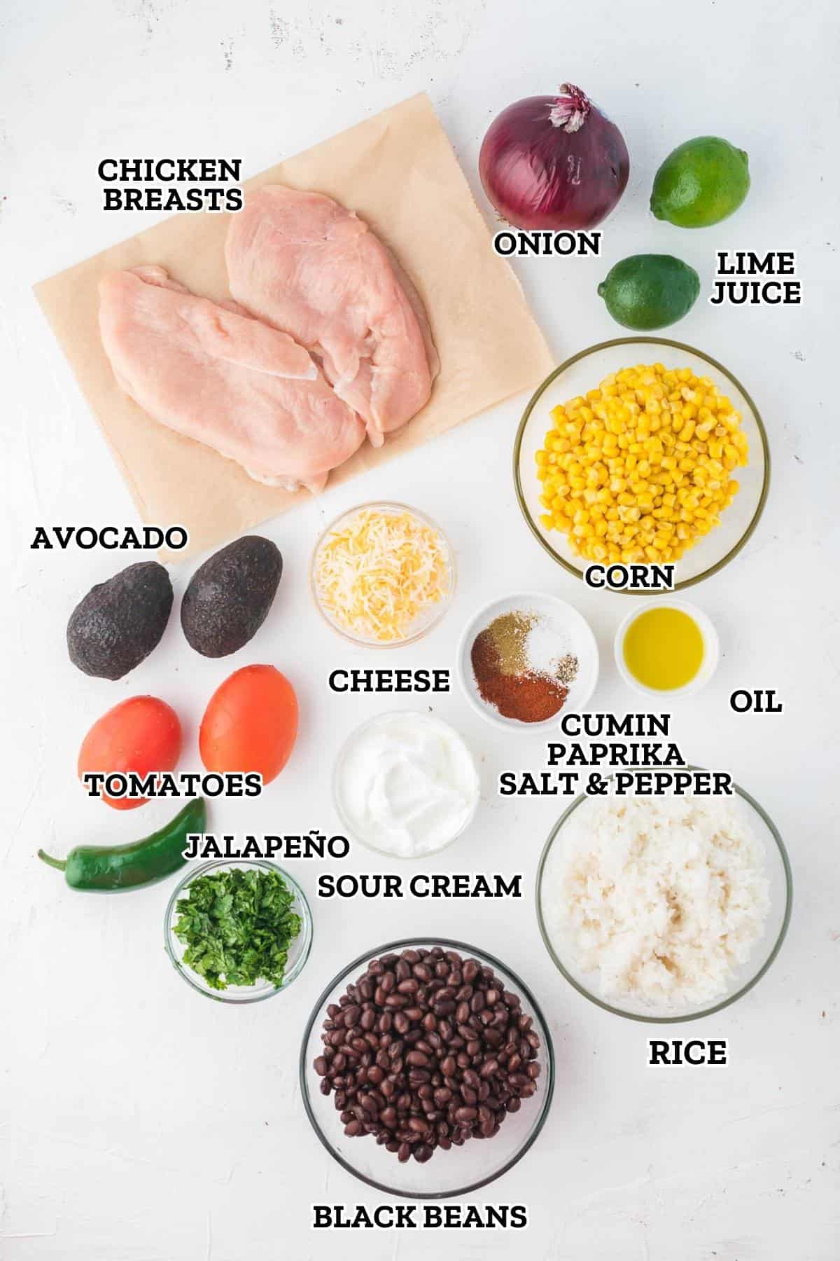 A labeled image of ingredients needed for chicken burrito bowls.