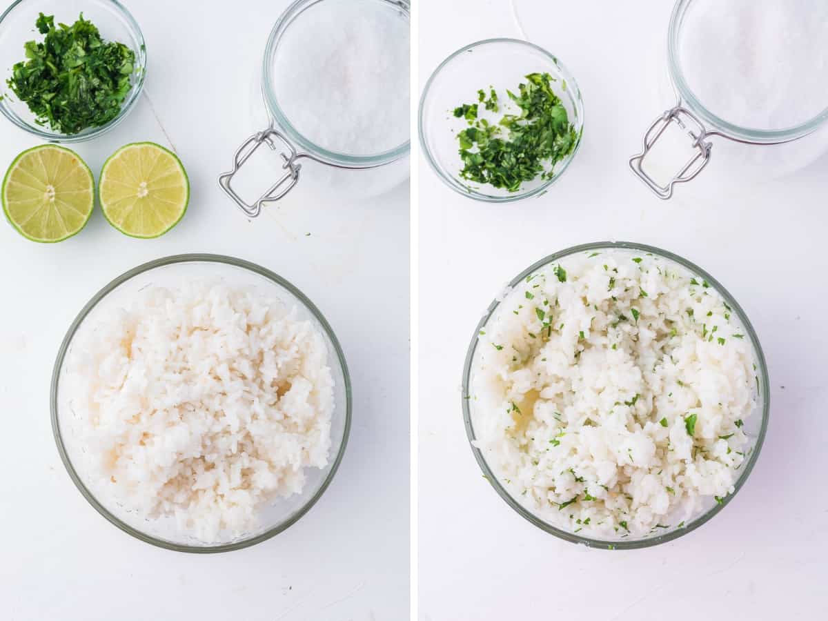 Collage image of a bowl of white rice and then with cilantro and lime juice added to make cilantro lime rice.