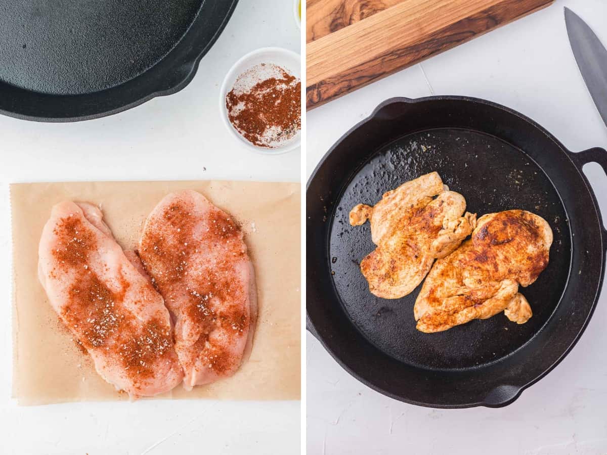 Two seasoned chicken breasts on parchment paper and then the breasts added to a cast iron skillet to cook.