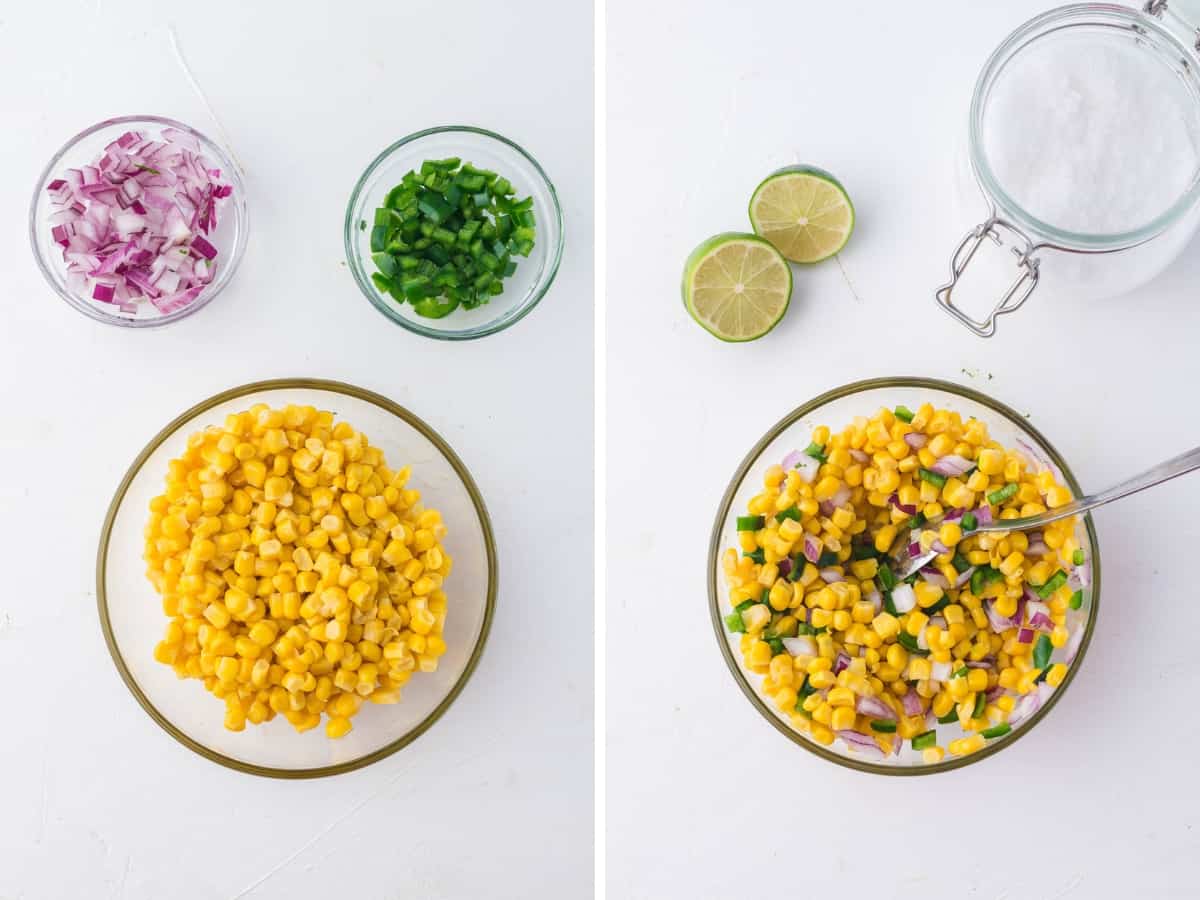 Collage image of a bowl of yellow corn and then red onion and cilantro added to make corn salsa.