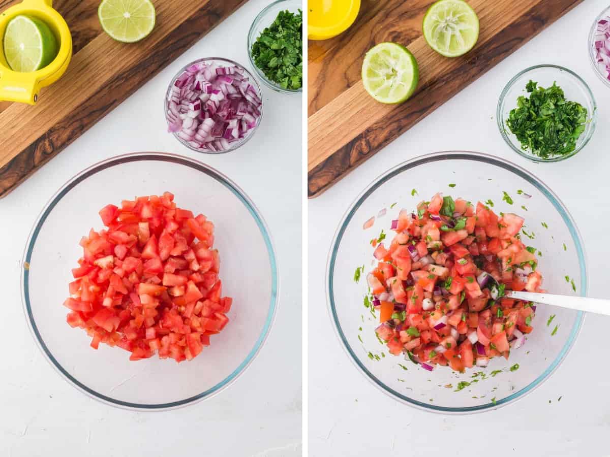 Collage image of a bowl of dice tomatoes and then red onion and cilantro added to make pico de gallo.