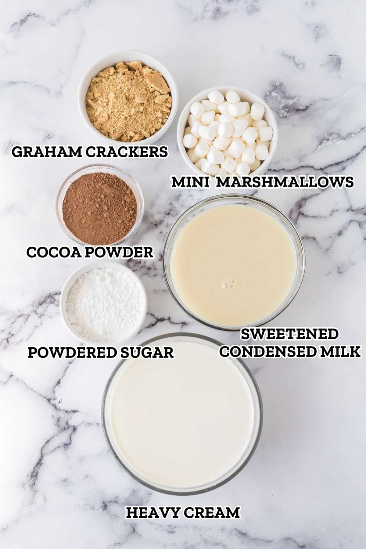 A labeled image of ingredients needed to make no churn chocolate S'mores Ice Cream.