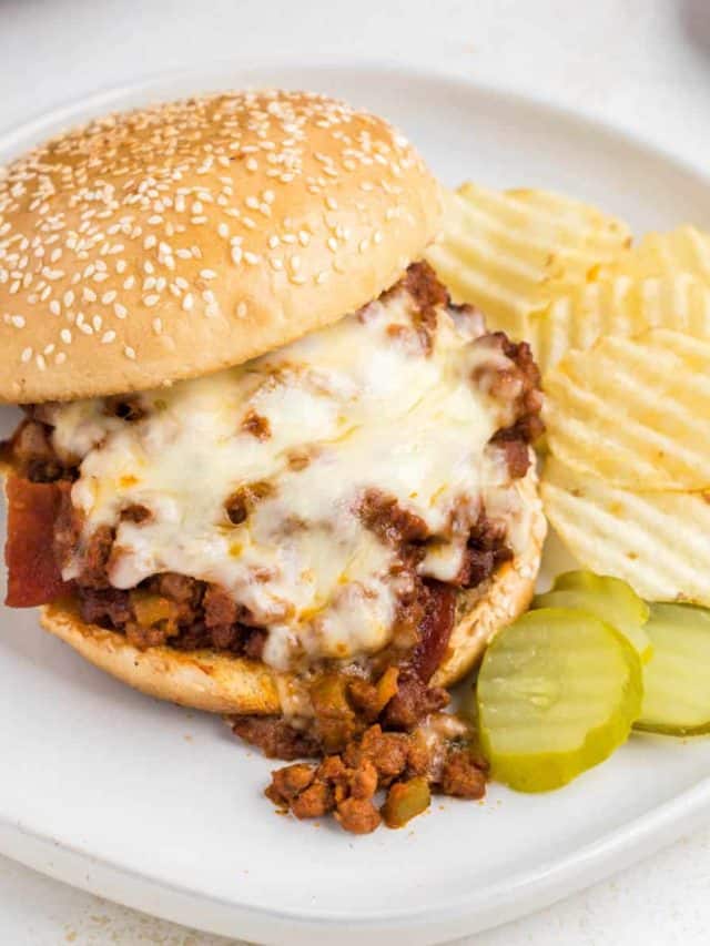 A pizza sloppy joe with melted mozzarella on a toasted sesame seed bun plated with pickles and chips.