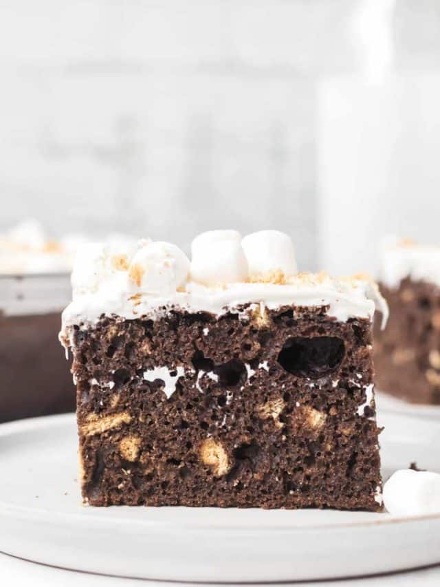 A chocolate s'mores cake with crushed graham crackers topped with marshmallow frosting on a white plate.