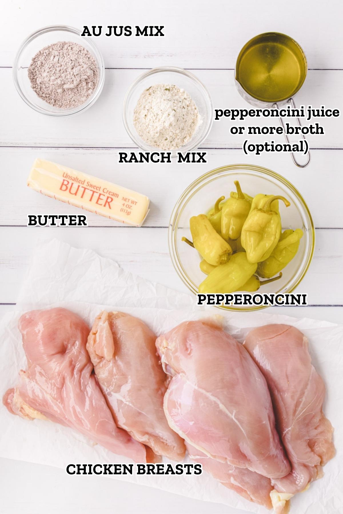 A labeled ingredient image of items needed to make Mississippi Chicken.