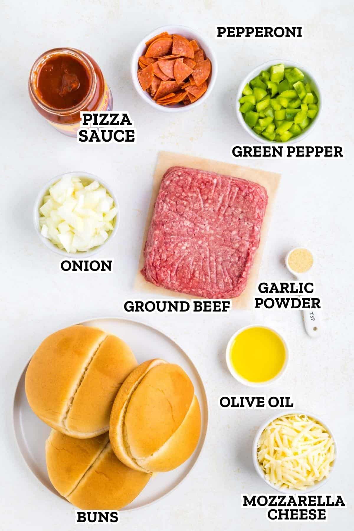 Labeled image of ingredients needed to make pizza sloppy joes.