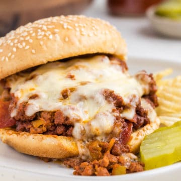 A pizza sloppy joe with melted mozzarella on a toasted sesame seed bun plated with pickles and chips.