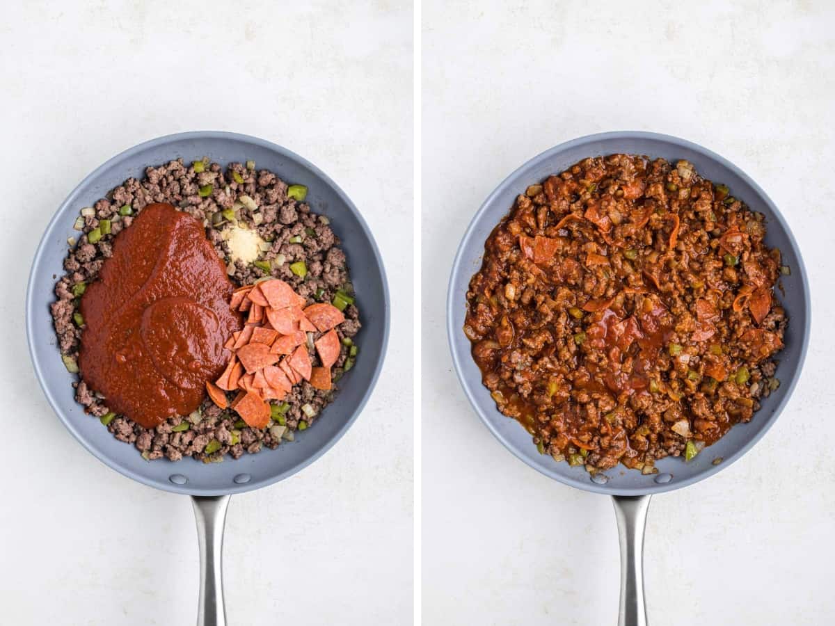 Collage image showing adding pizza sauce, pepperonis, and garlic powder to ground beef mixture then the mixture stirred.