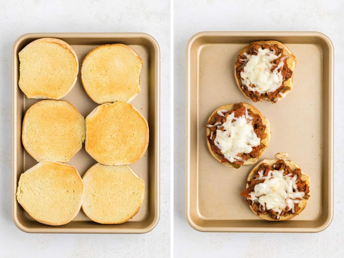 Collage image showing a tray of toasted buns and then pizza sloppy joe mixture added and cheese melted on top.