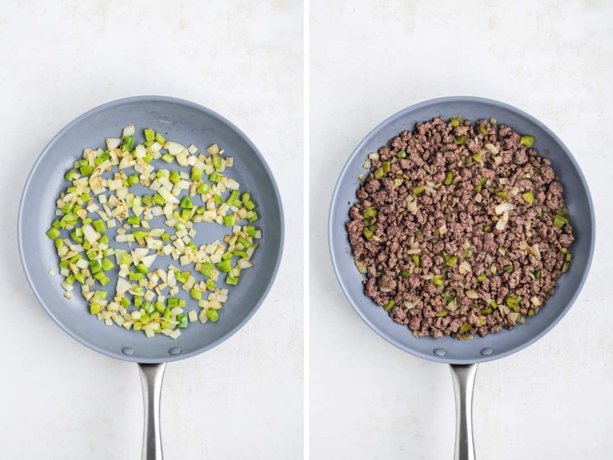 Collage image with diced onion and green pepper sautéing and then ground beef added and cooked.