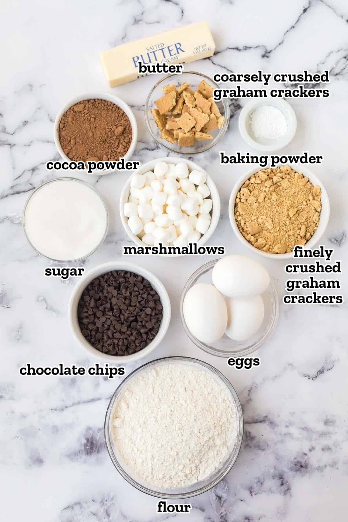 A labeled image of ingredients needed to make s'mores brownies.