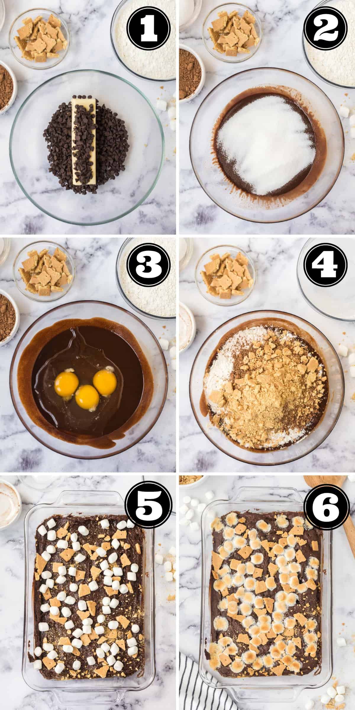 A numbered collage image showing how to make s'mores brownies!