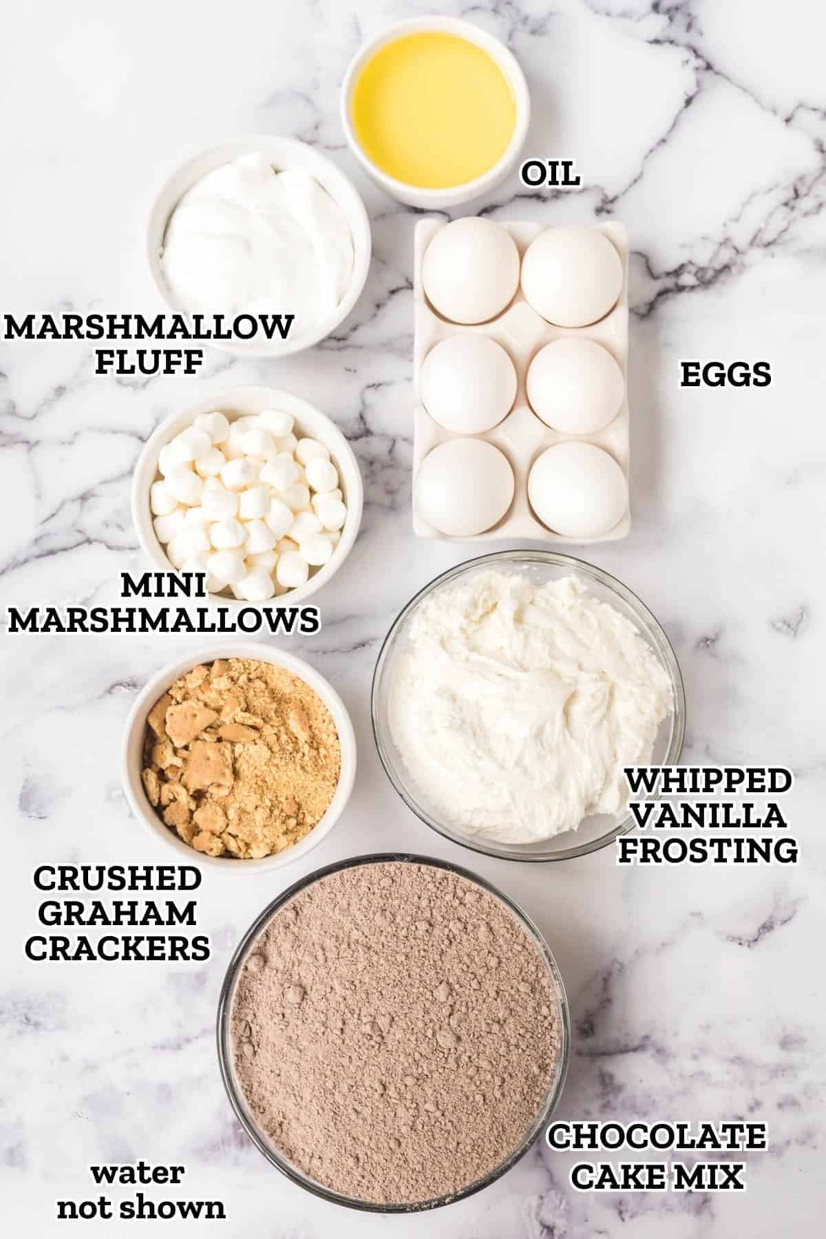 A labeled image of ingredients needed for an easy s'mores cake recipe.