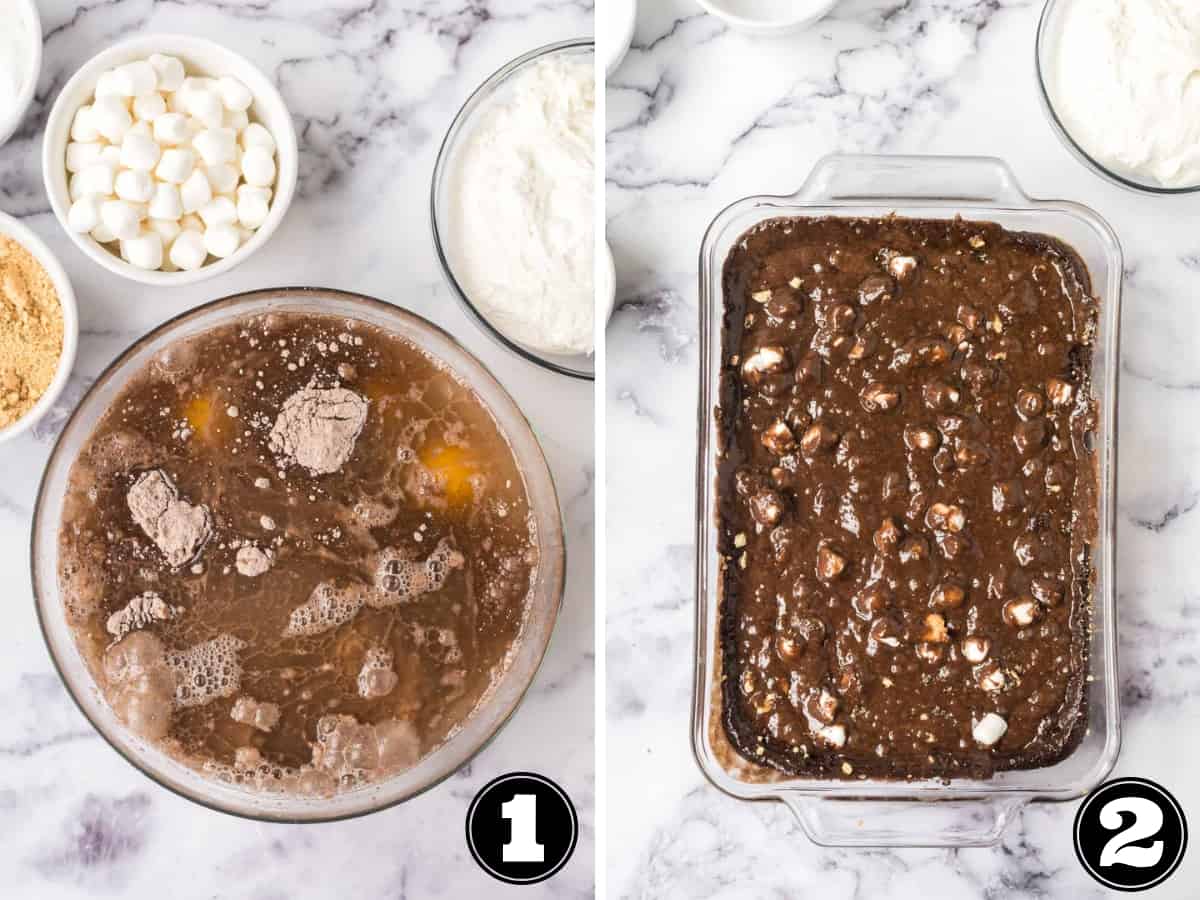 A collage image shows a glass bowl of ingredients and the cake pan with batter poured into it.