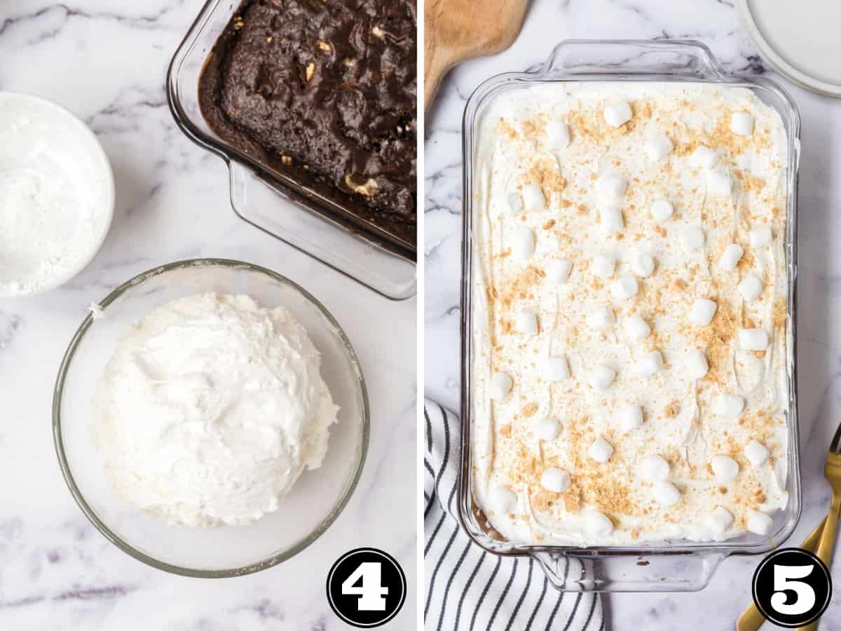 A collage image shows a bowl of frosting ingredients, and then the cake frosted and topped with mini marshmallows and graham cracker crumbs.