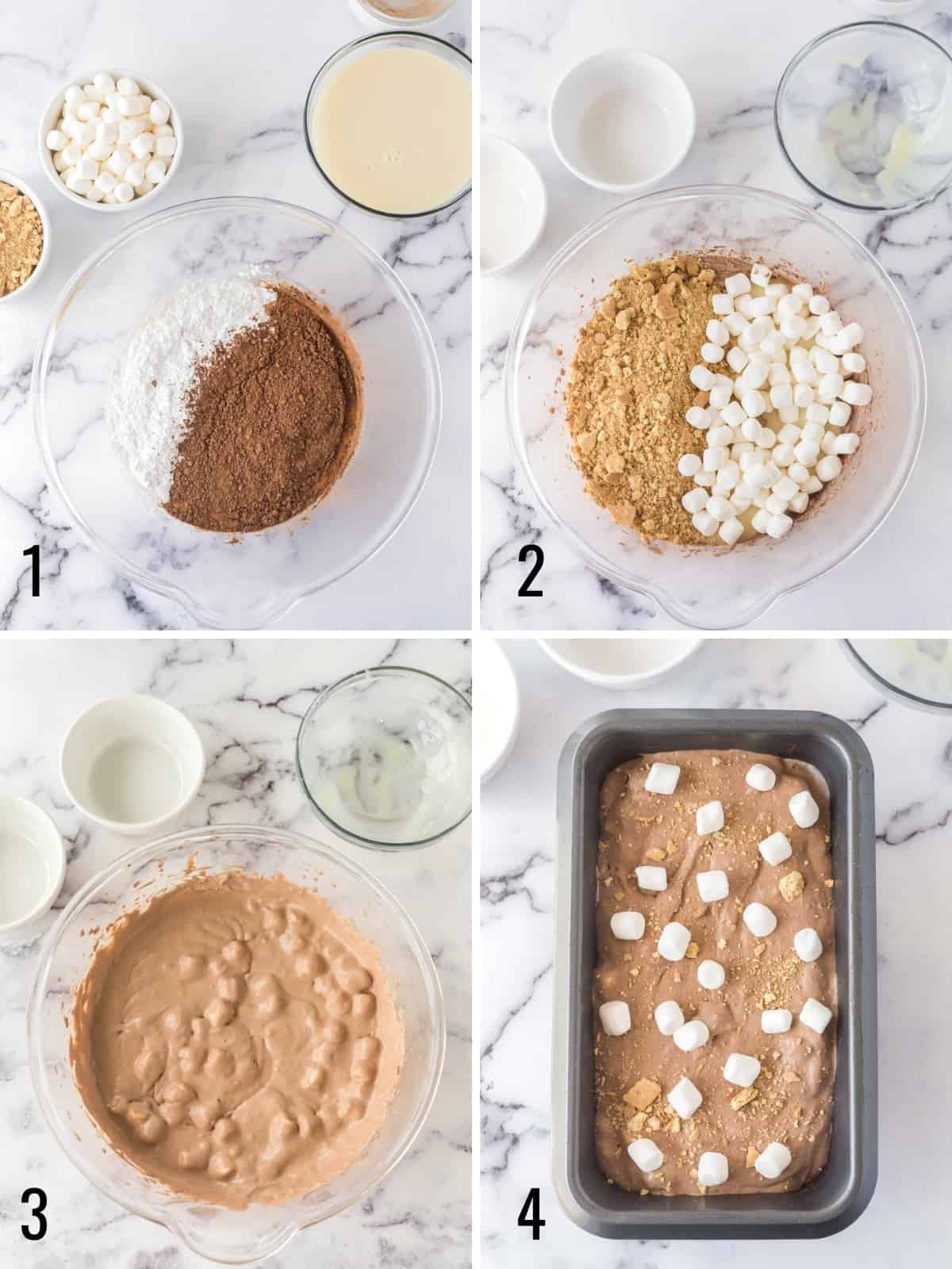 A four image collage showing the step by step process of mixing the s'mores ice cream base to adding it to a pan to freeze the ice cream.