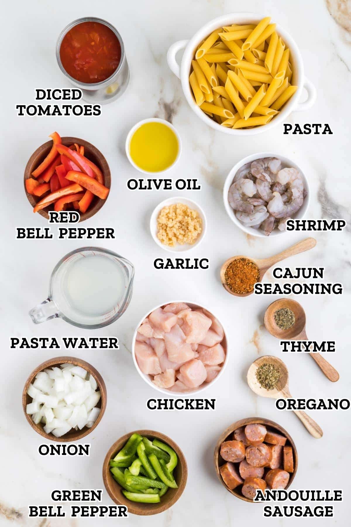 A labeled image of ingredients needed for cajun jambalaya pasta recipe.