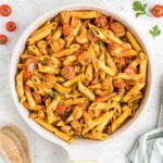 A skillet of cajun jambalaya pasta.