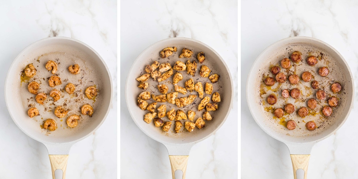 Collage image showing cooking shrimp, chicken, and andouille sausage in a skillet.