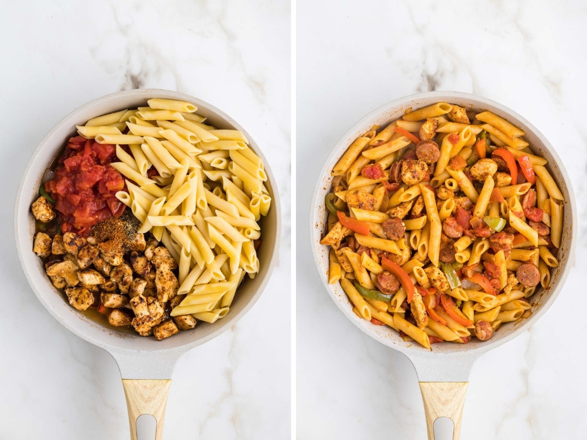 Collage image showing adding pasta, chicken, tomatoes and spices to the skillet; then it mixed together.