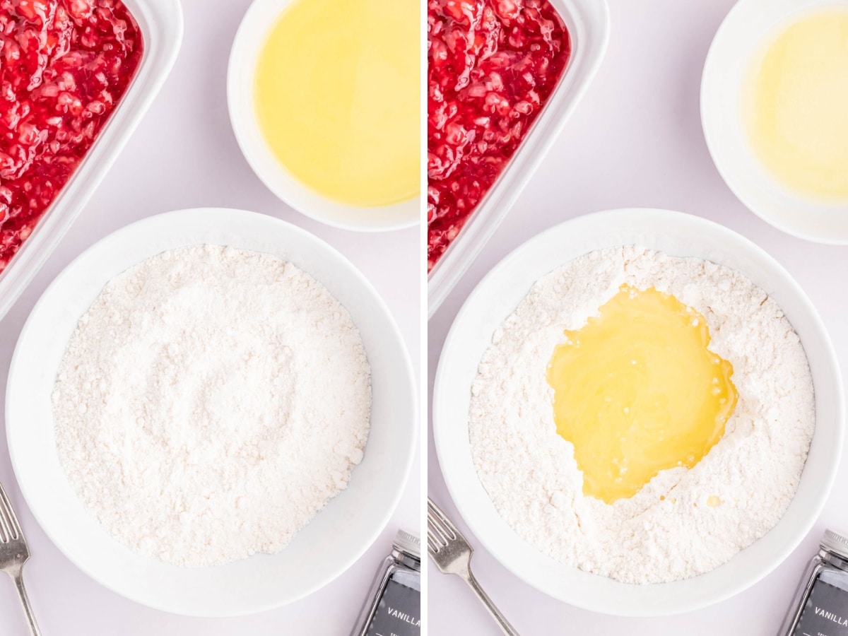 A bowl of yellow cake mix and then melted butter added to the bowl.